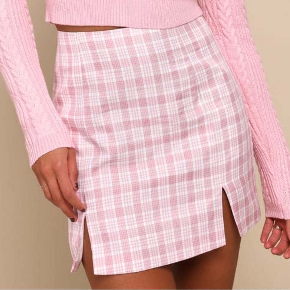 Lulus Fetching Cutie Pink Plaid High Rise Notched Mini Skirt